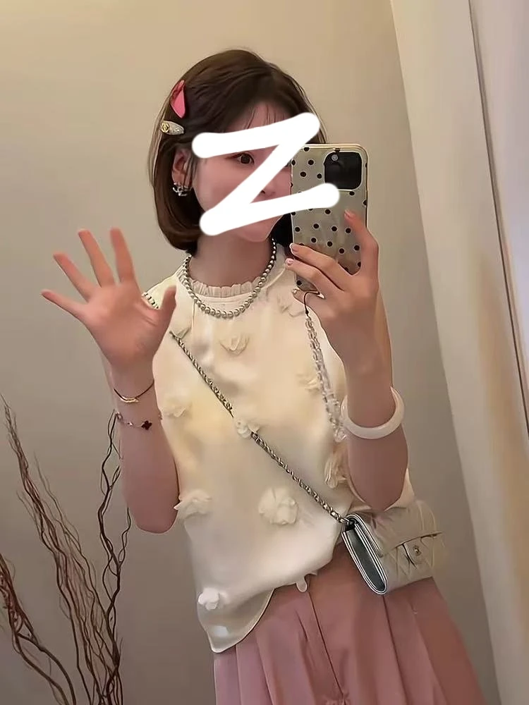 【柚子同款】YY夏季立体花朵木耳边衬衫设计感小众无袖马甲8851