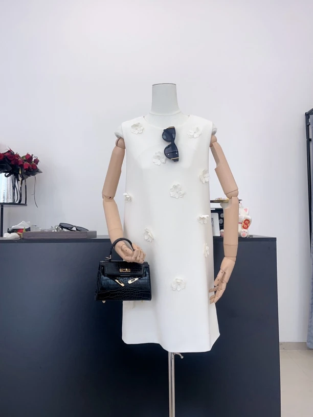 无袖裙短裙纯色圆领无袖连衣裙百搭白色设计师中式