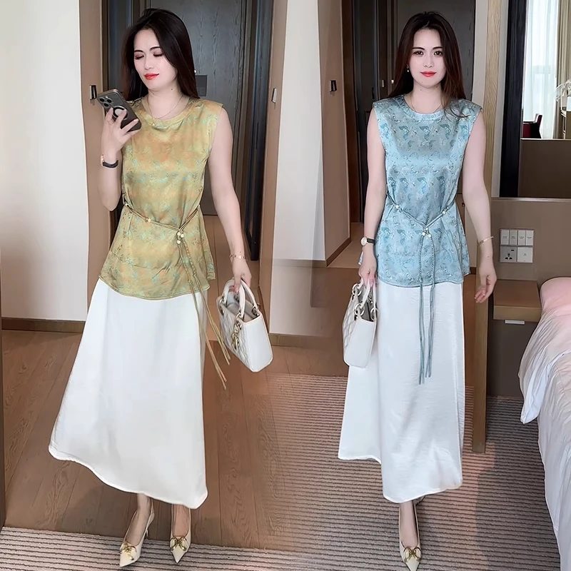 新中式套装夏季气质洋气拼接宽松减龄复古印花中国风时尚套装