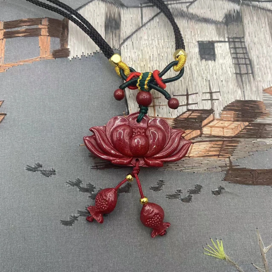 含辰砂工艺品【朱砂工厂】紫金砂设计款花开富贵好运连连莲花吊坠