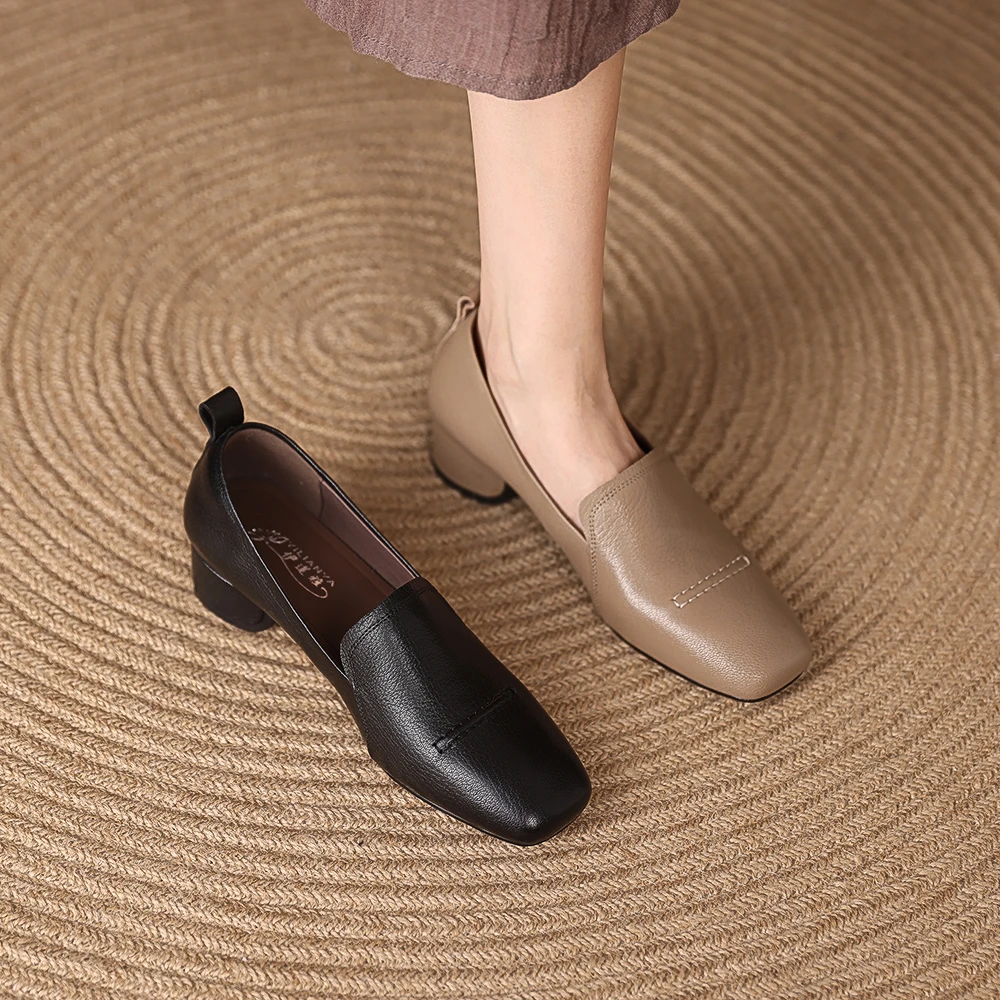 Y3077羊皮鞋2025春季新款单鞋中跟粗跟鞋方头乐福鞋软底软面女鞋