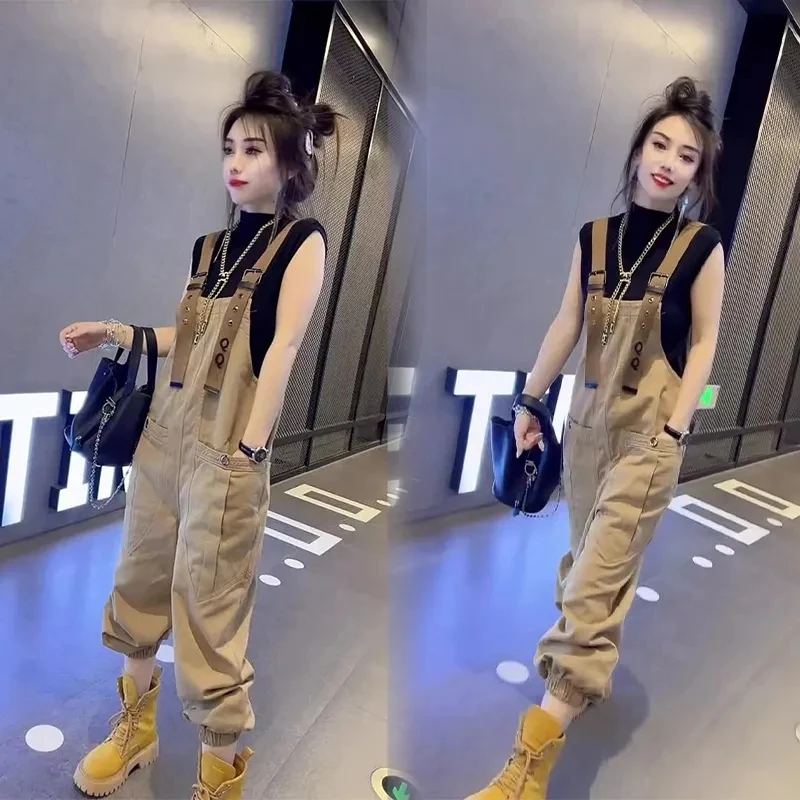 减龄时尚背带裤女欧洲站2024春秋季新款宽松高腰显瘦九分连体束脚