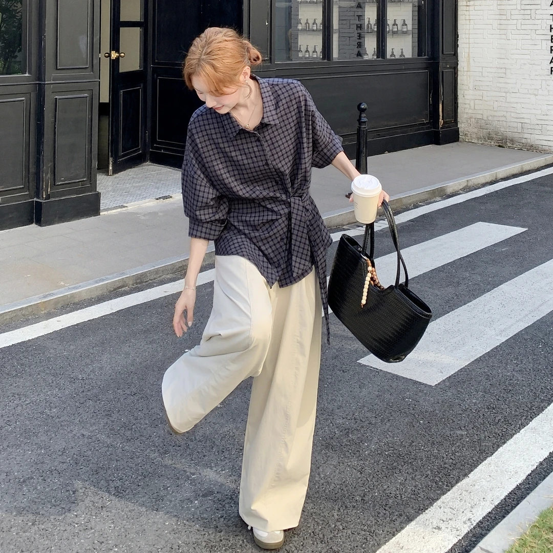 巨好看的早秋一整套复古格纹设计感衬衫套装气质高腰阔腿裤两件套