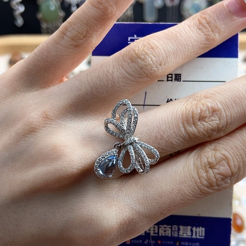 【闪购商品】海蓝宝石戒指银S925镶嵌J*.开口 新疆西藏不包邮