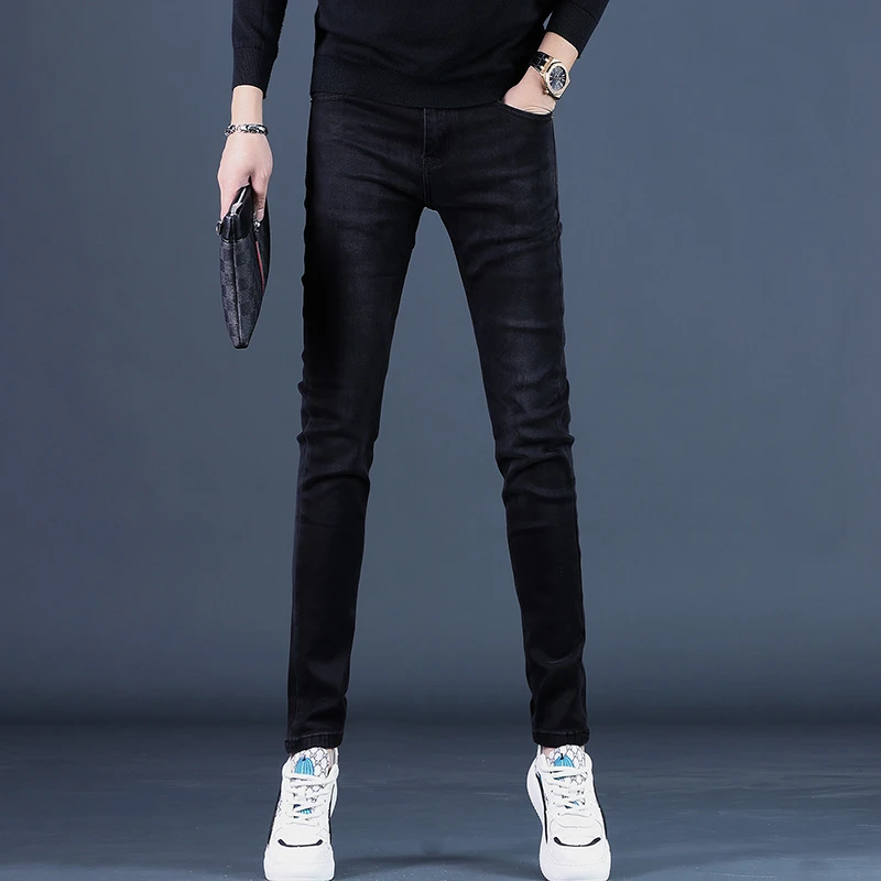 2025秋冬季高档时尚紧身弹力黑色牛仔裤男士修身小脚休闲长裤子男