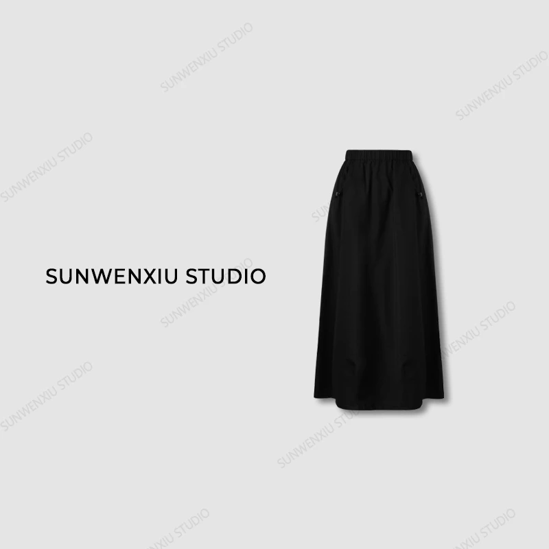 swx studio3店 “舒适地带”日系清凉黑色猪鼻扣微花苞半身裙