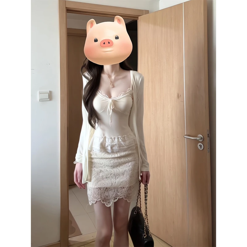 蕾丝拼接纯欲吊带背心长袖防晒外套女夏季套装包臀裙半身裙三件套