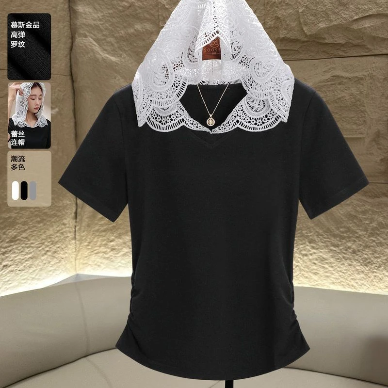 蕾丝连帽短袖T恤女春夏025新款百搭减龄显瘦打底帽衫休闲黑色上