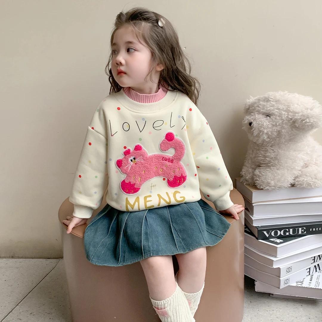 90-140女童加绒卫衣儿童秋冬装韩版卡通女宝宝冬季套头休闲上衣潮
