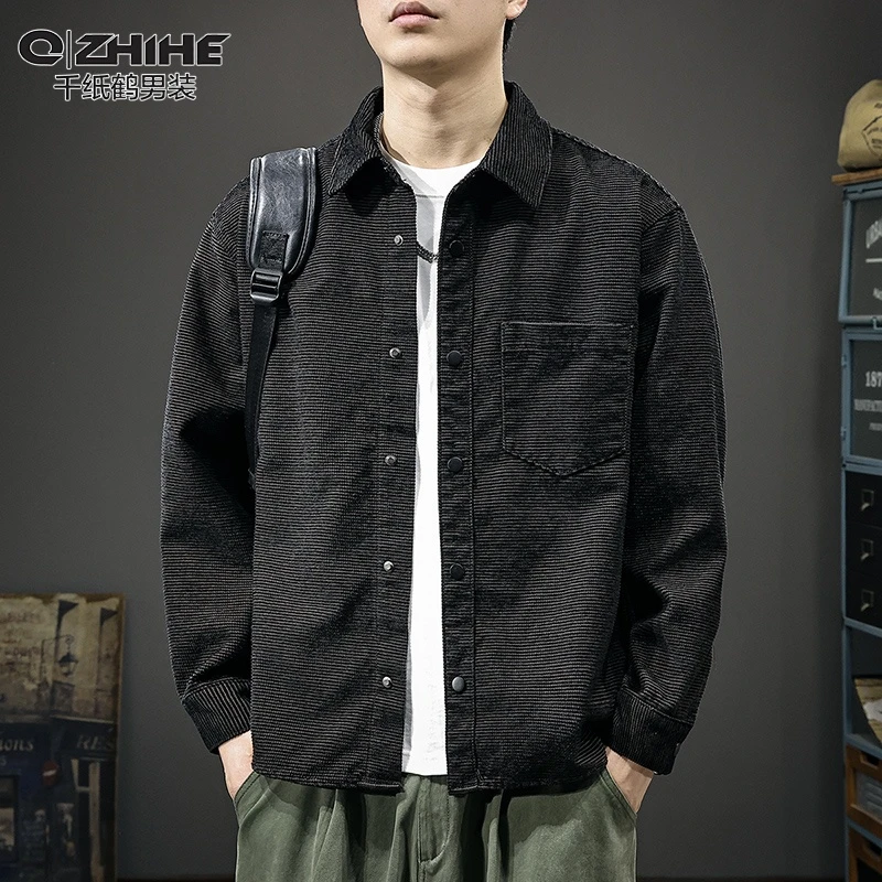QZHIHE/千纸鹤秋季雪尼尔条纹衬衫男士宽松休闲潮流提花长袖外套