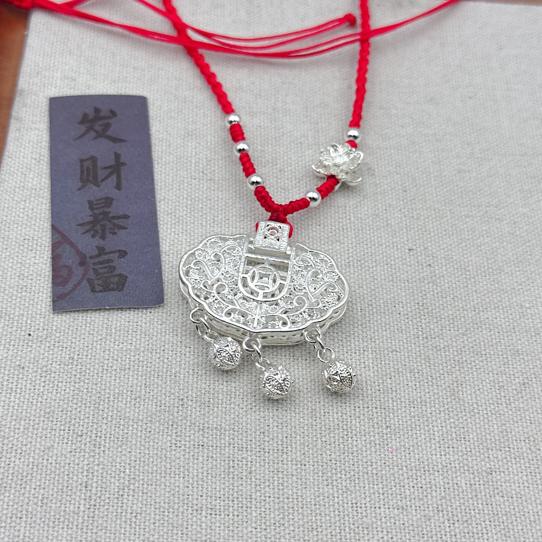 吊坠足银 银9999长命锁宝宝镂空平安锁项链吊坠高级轻奢小众气质