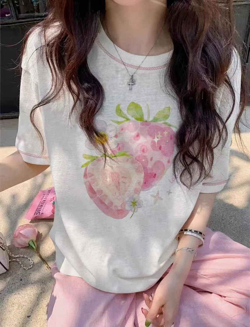 小雅姐姐  韩系甜美草莓印花百搭短袖T恤IW60
