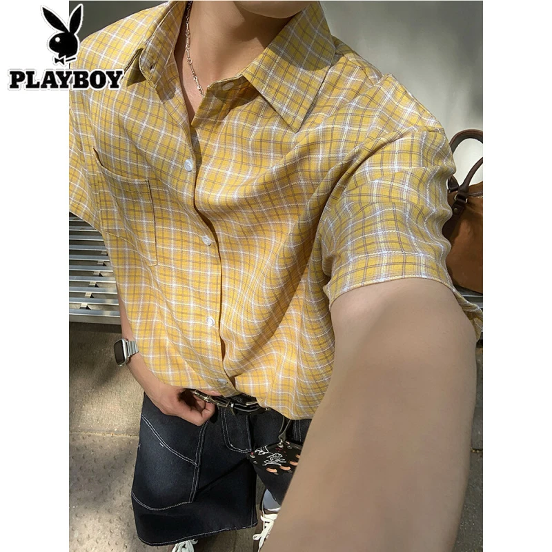 美式小众复古格子短袖衬衫男夏季薄款外搭开衫慵懒松弛感休闲衬衣