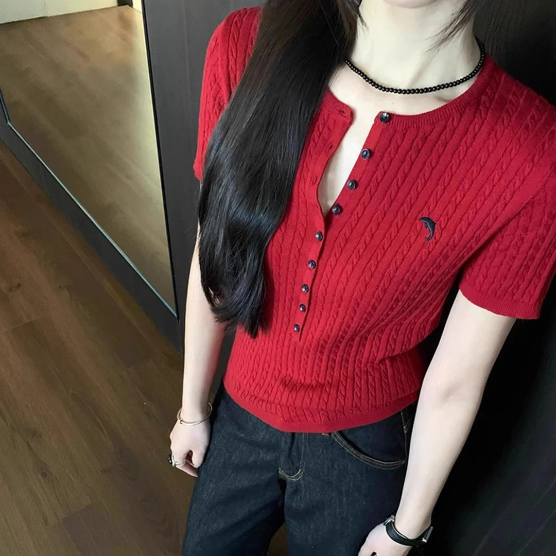 老钱风红色半开领正肩短袖t恤女夏韩系亨利领修身显瘦V领短款上衣