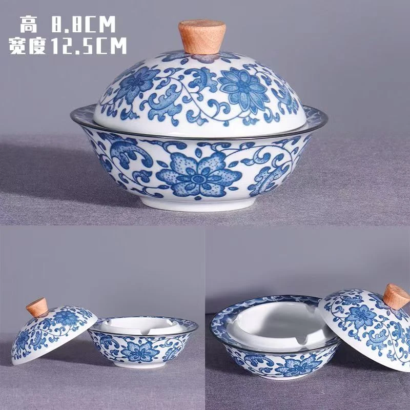 复古创意陶瓷烟灰缸个性青花防风带盖烟灰缸客厅室内烟灰缸ys213