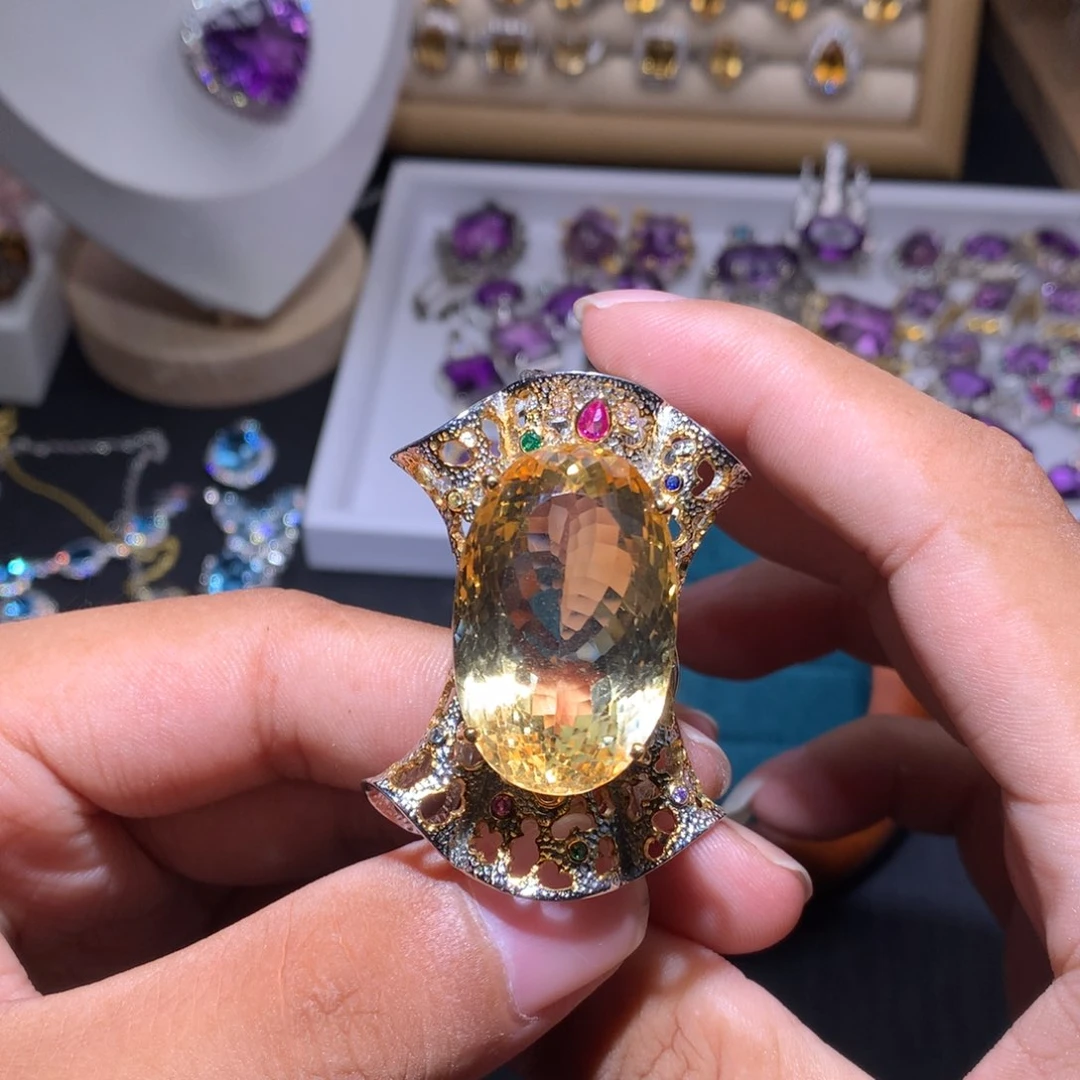 黄晶戒指银S925镶嵌小*丁手镯