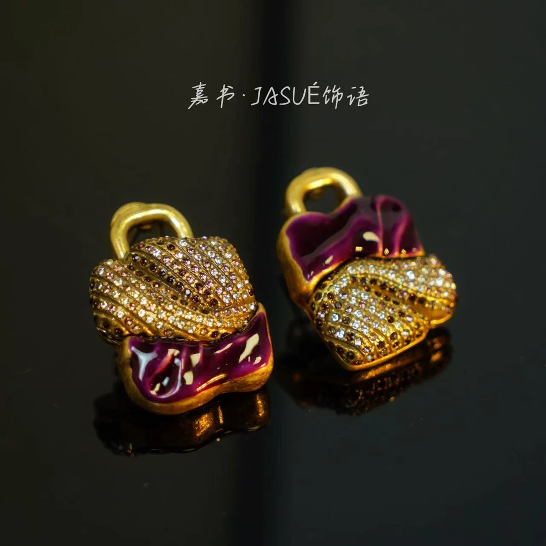 铜合金珐琅耳饰 中古铜合金彩钻珐琅包包耳饰0615E