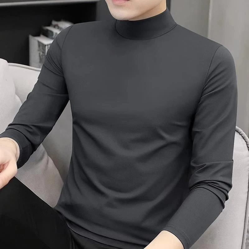 网红款2025春季纯色打底衫男半高领春秋款修身保暖休闲纯男上衣