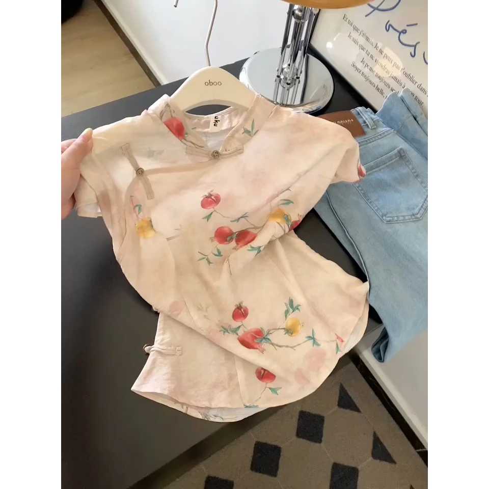 新中式国风气质碎花上衣短袖衬衫女士小个子飞袖短款独特漂亮小衫