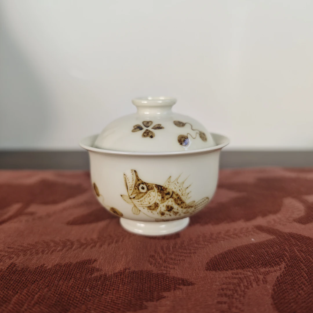 景德镇全手工手绘柴窑2号釉鳜鱼釉里金布袋盖碗-110cc