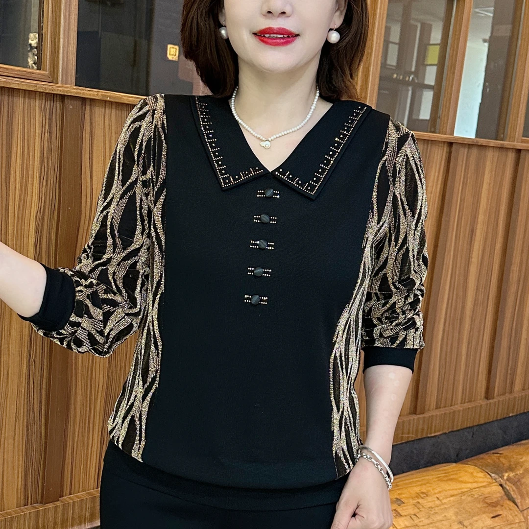 气质翻领休闲薄款花卉娃娃领洋气减龄显瘦宽松长袖百搭女装拼接