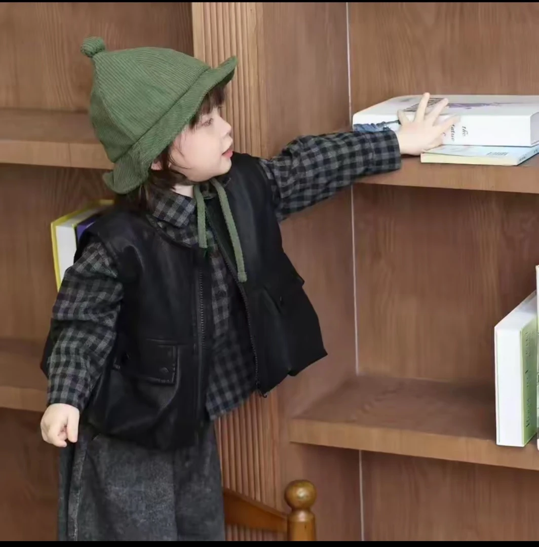 儿童春秋套装2025新款韩版皮马甲格子衬衫休闲洋气男女宝宝百搭