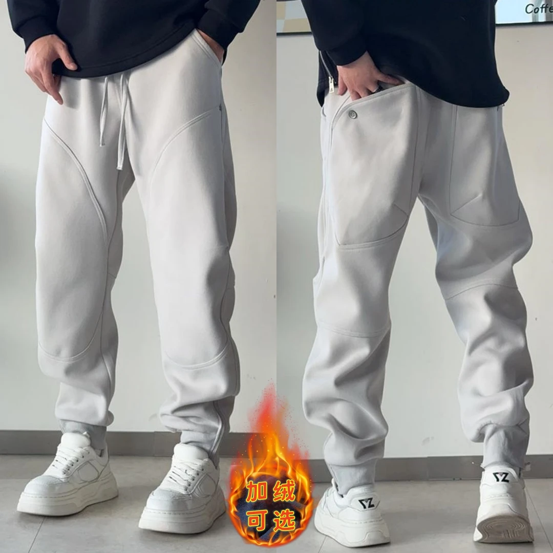 秋冬加绒原创美式痞帅束脚休闲运动卫裤男宽松小脚拉链长裤休闲裤