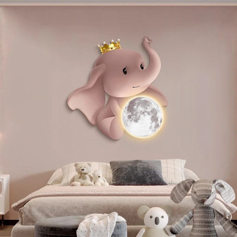 日本现代简约儿童房装饰画月球男孩女孩房间壁画卡通大象卧室床头