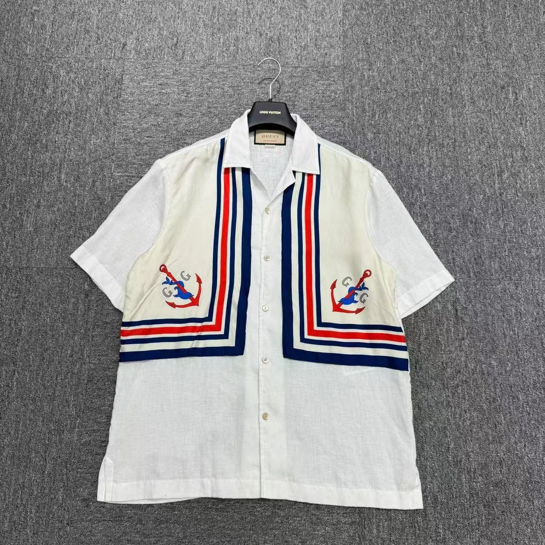 99新 GUCCI/古驰 桑蚕丝图案拼接亚麻短袖/46码/编码14774