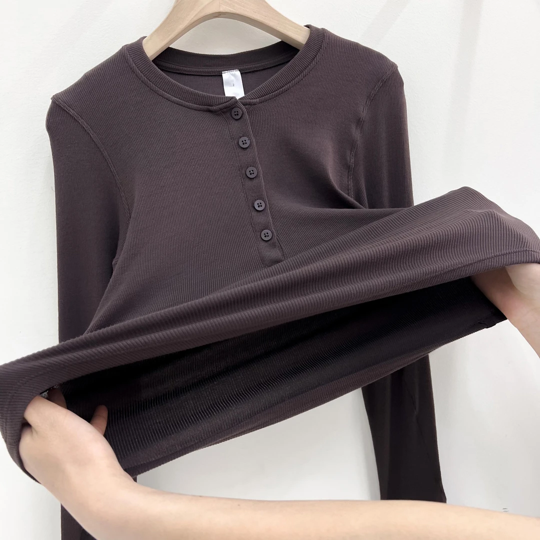 lulubabu丨亨利领螺纹修身版长袖打底衫纽扣半开领春季上衣