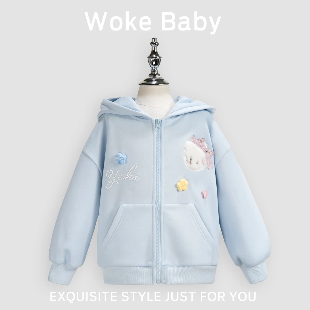 女童秋冬甜美可爱连帽外套新款卡通加绒上衣卫衣汉服W5078