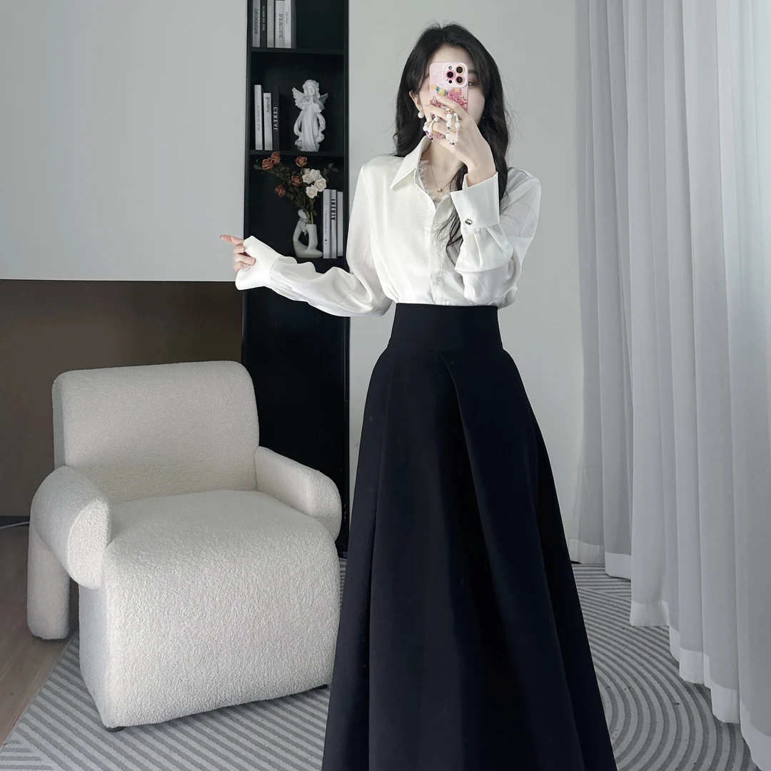 拉夏贝尔25秋季新法式气质优雅蕾丝衬衫+高腰A字半身裙 10330 LSC