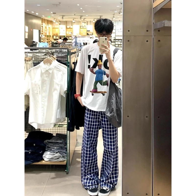 蓝色格子裤子男款早秋穿搭透气阔腿直筒裤cleanfit美式速干休闲裤