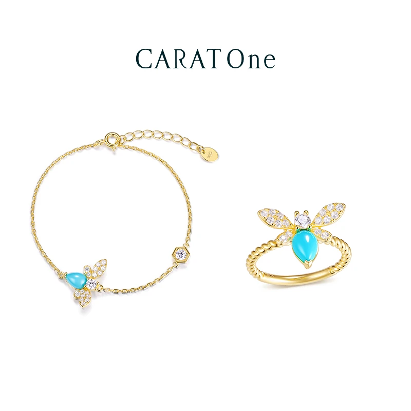 金色天然美国睡美人绿松石镀K金蜜蜂戒指手链套装