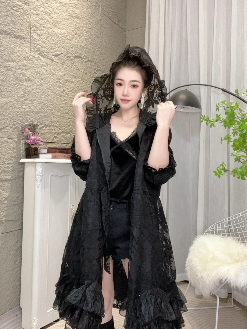 Bikamo/2025设计感立体刺绣中长款收腰带帽子风衣外套L8283