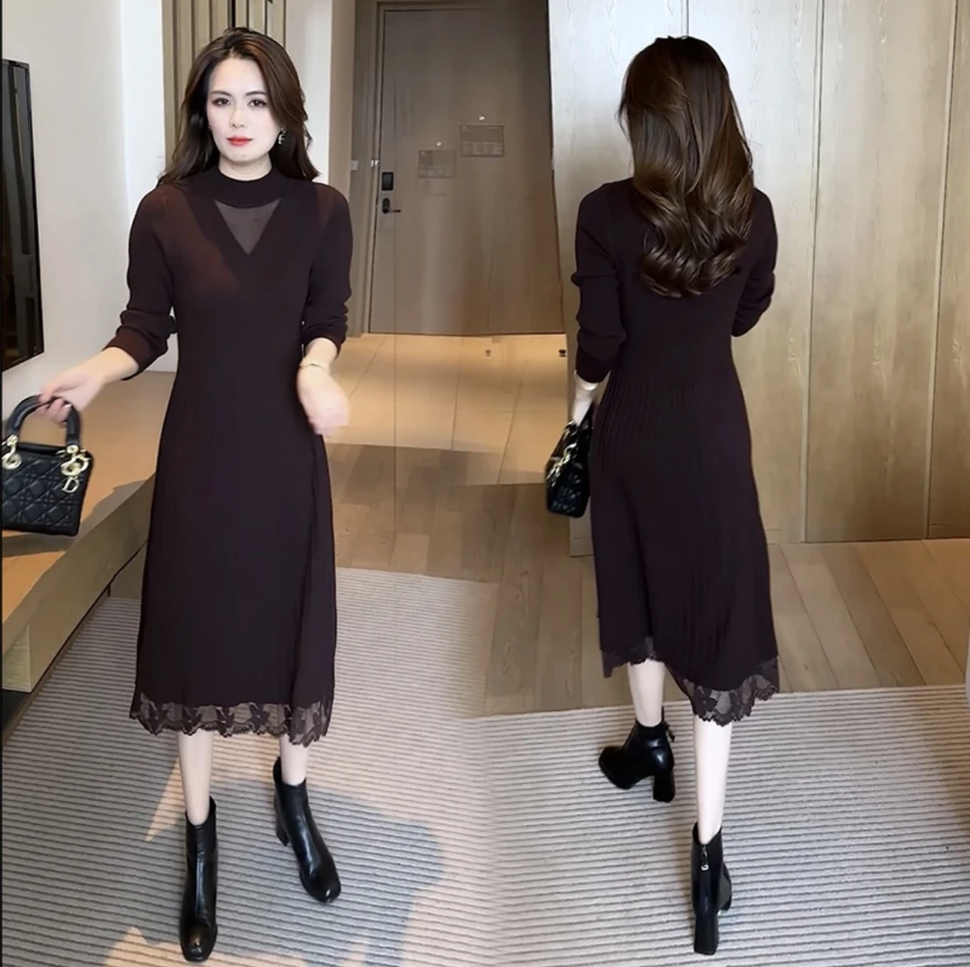 2025高弹力连衣裙修身圆领气质针织秋A字裙女装显瘦