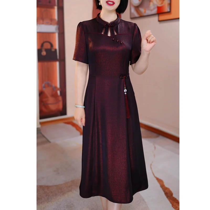 高档轻奢复古国风立领连衣裙2025夏季新款气质修身显瘦中长款裙子