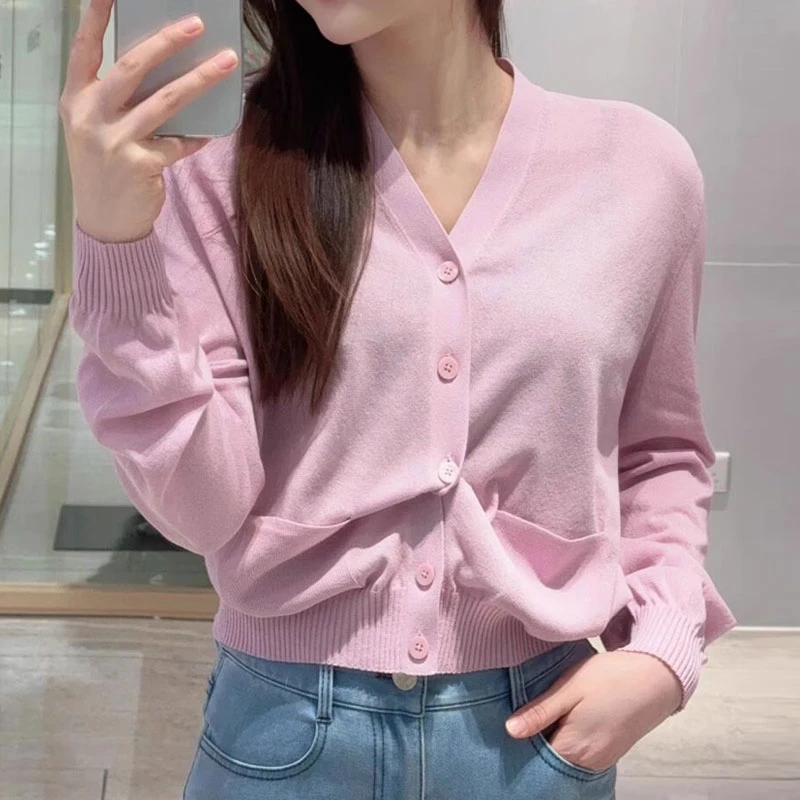 【商场同款】2025新款时尚纯色气质针织衫简约百搭V领长袖开衫外套