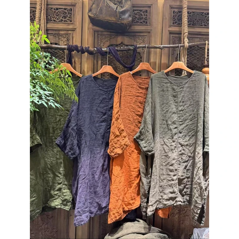 森女族夏季新品复古炒色做旧渐变亚麻拼接七分袖开叉中长款衬衫