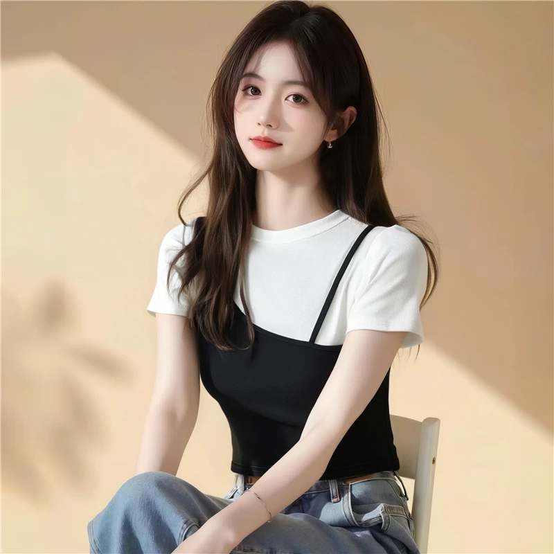 时尚百搭洋气设计感小众假两件拼接撞色白色短款短袖T恤女上衣