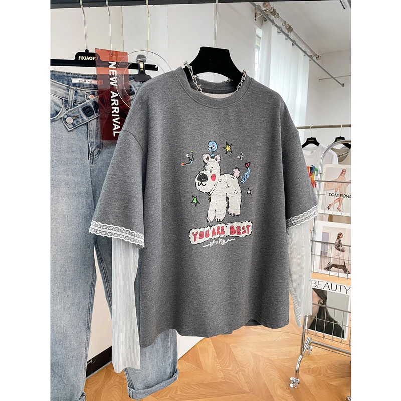 2025新款爆款采用新工艺款可爱小狗T恤女潮流设计感琉璃袖上衣服