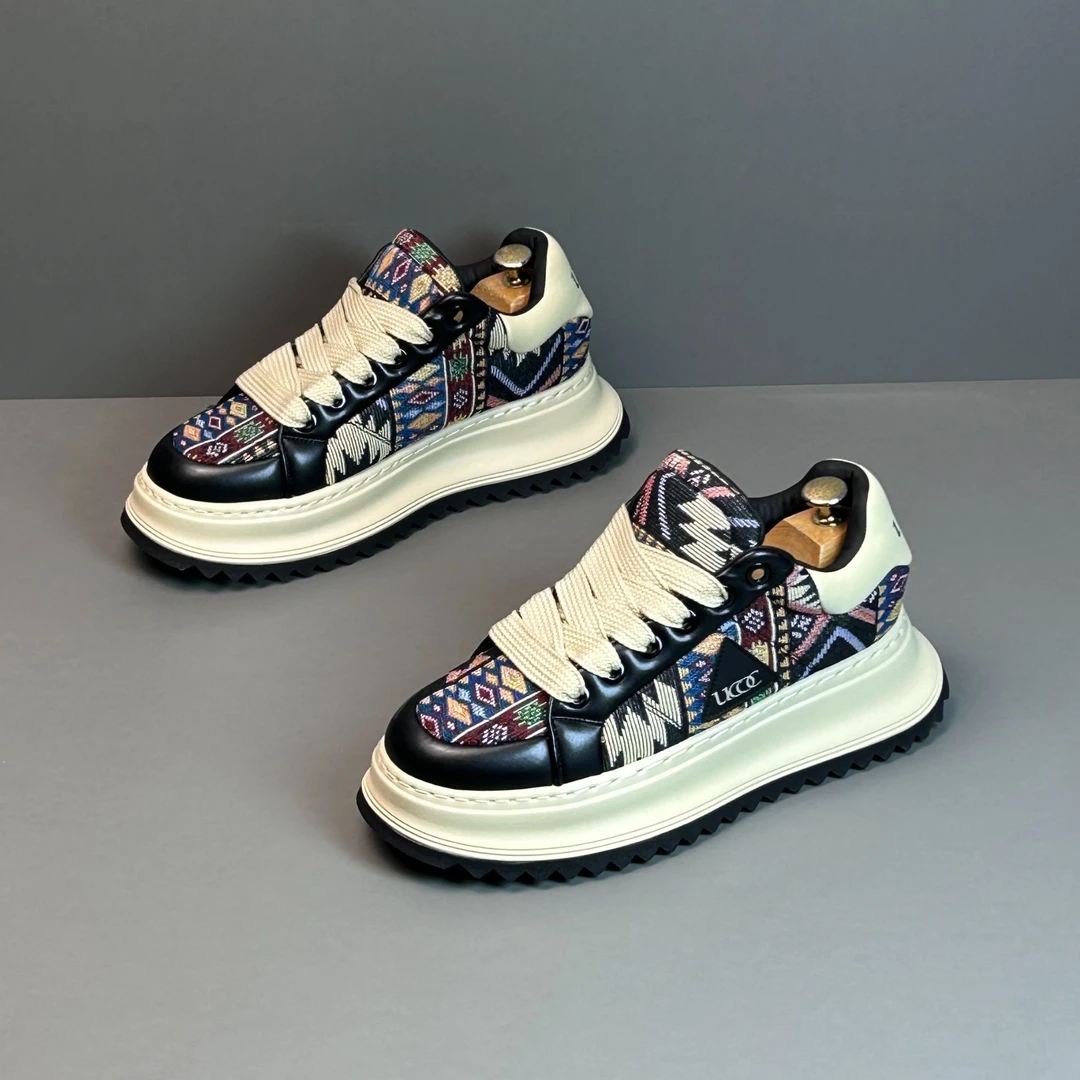 欧洲站潮牌男鞋2025春季新款民族风刺绣板鞋网红款厚底增高休闲鞋