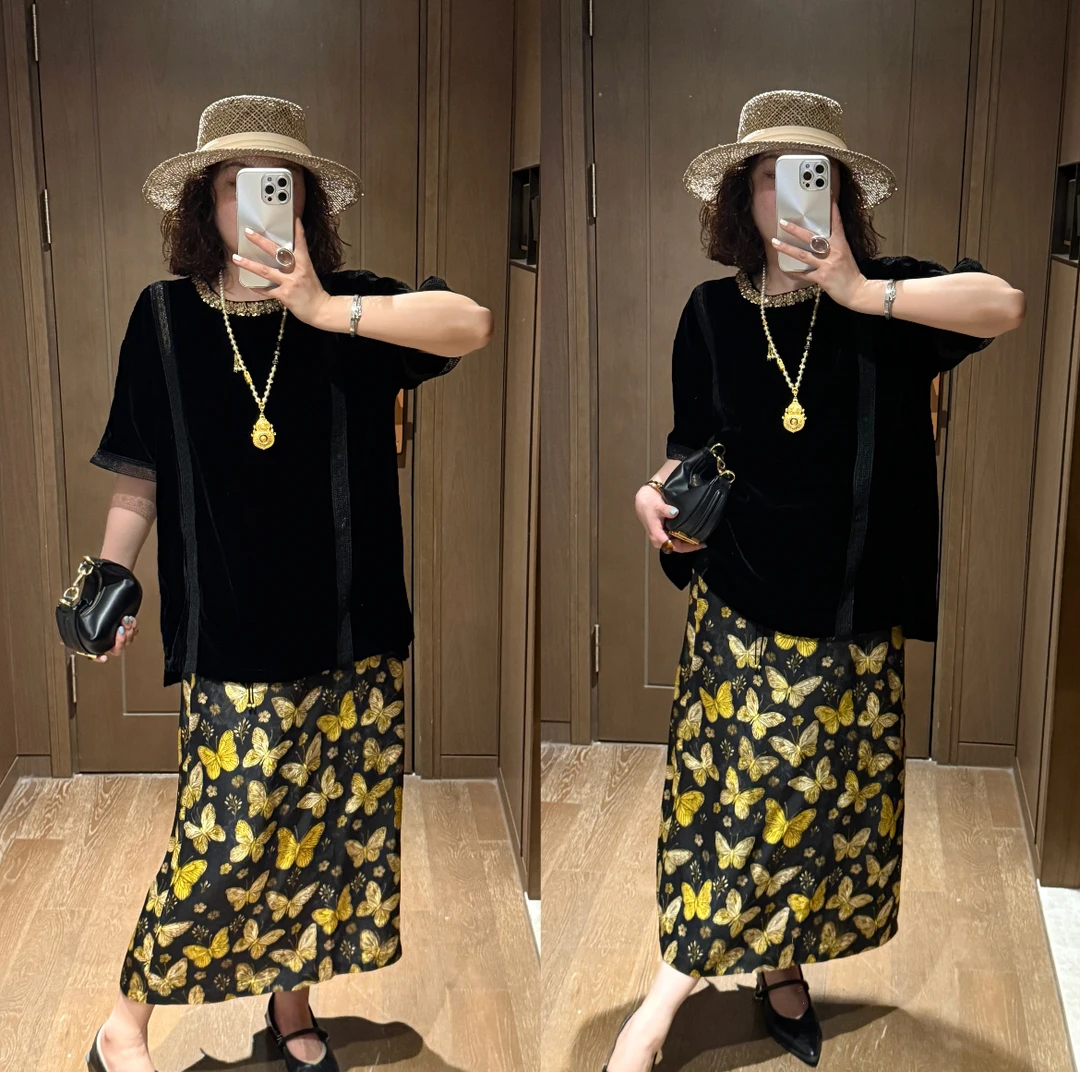 YDFSTUDIO小众【胭脂海棠】欧货高品亮片拼接丝绒上衣+半身裙套装