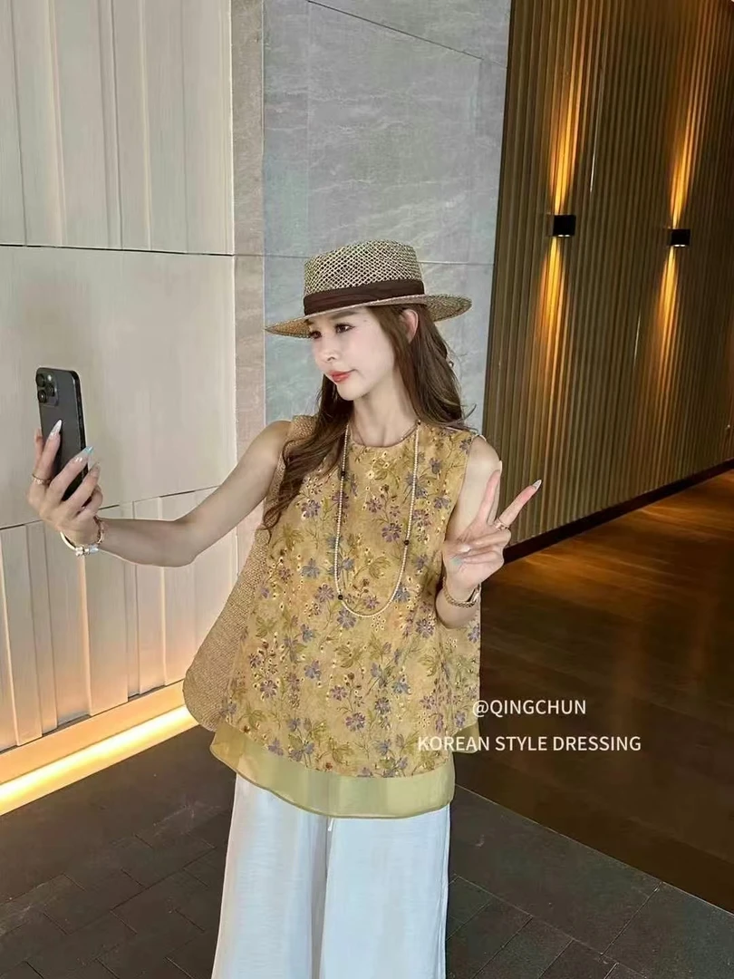 新中式温柔风复古盘扣立领无袖背心女夏季独特设计小众荷叶边上衣