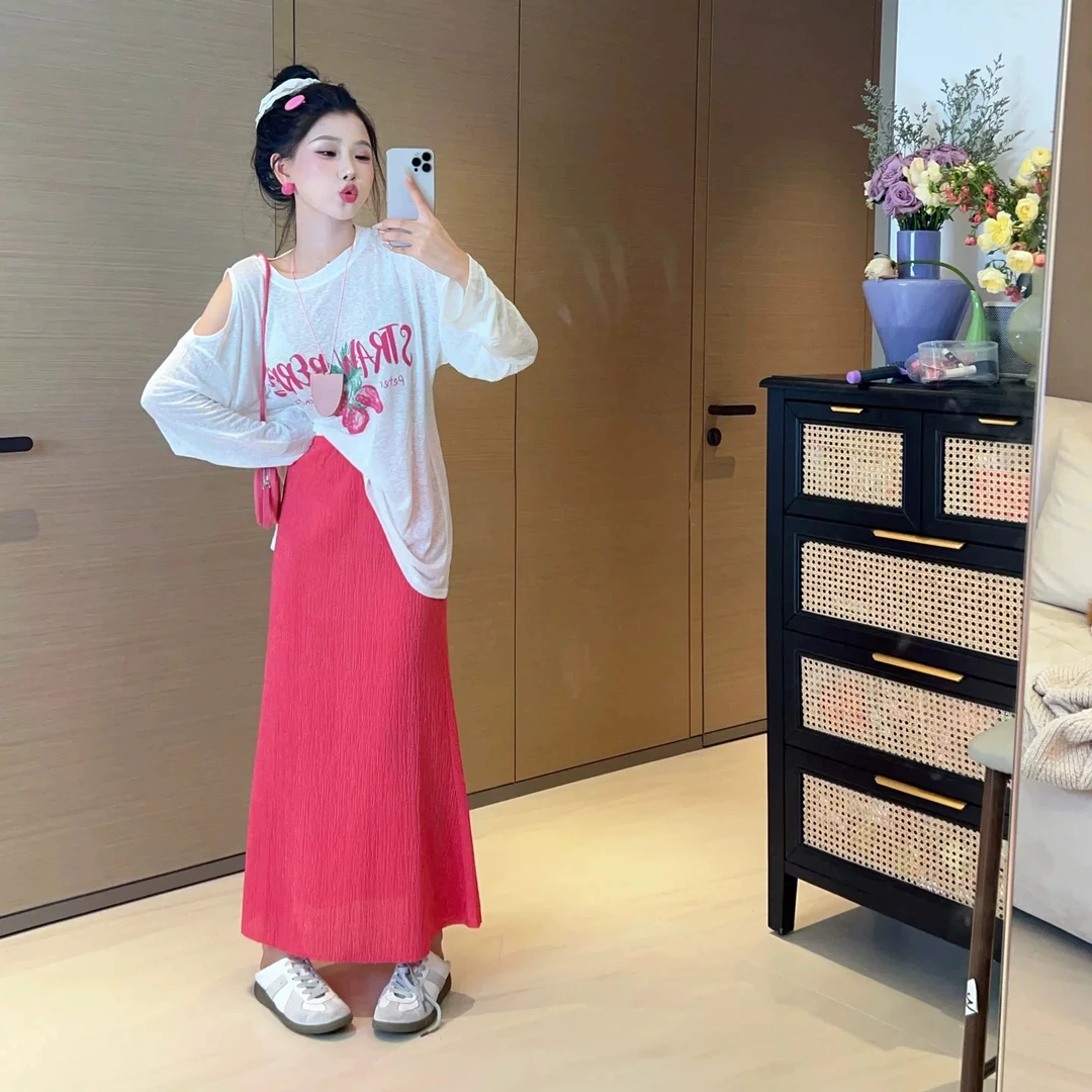多巴胺圆领百搭休闲上衣+火龙果色显瘦半身裙