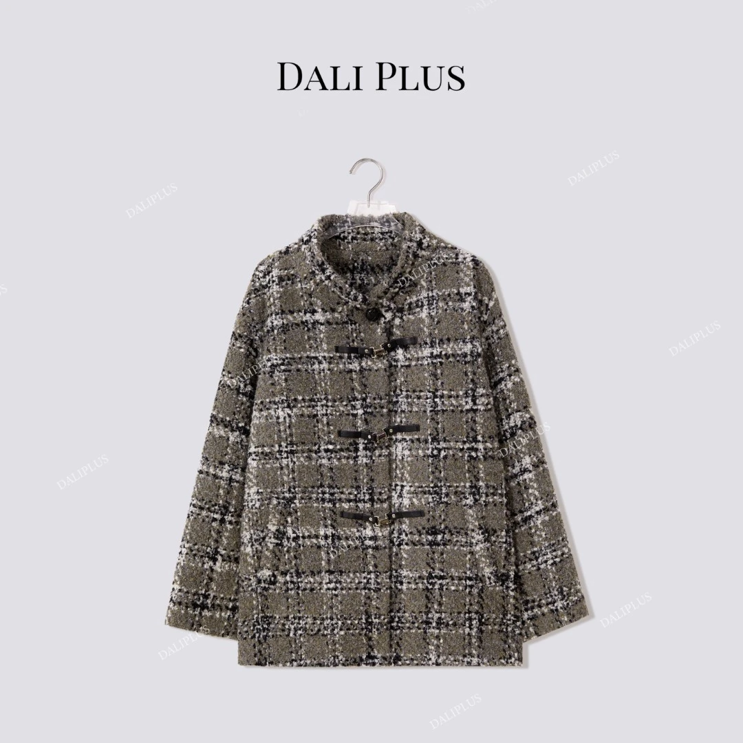 DALI PLUS“95鹅绒格纹羊毛小香”拼皮羽绒服外套-D5MM3124