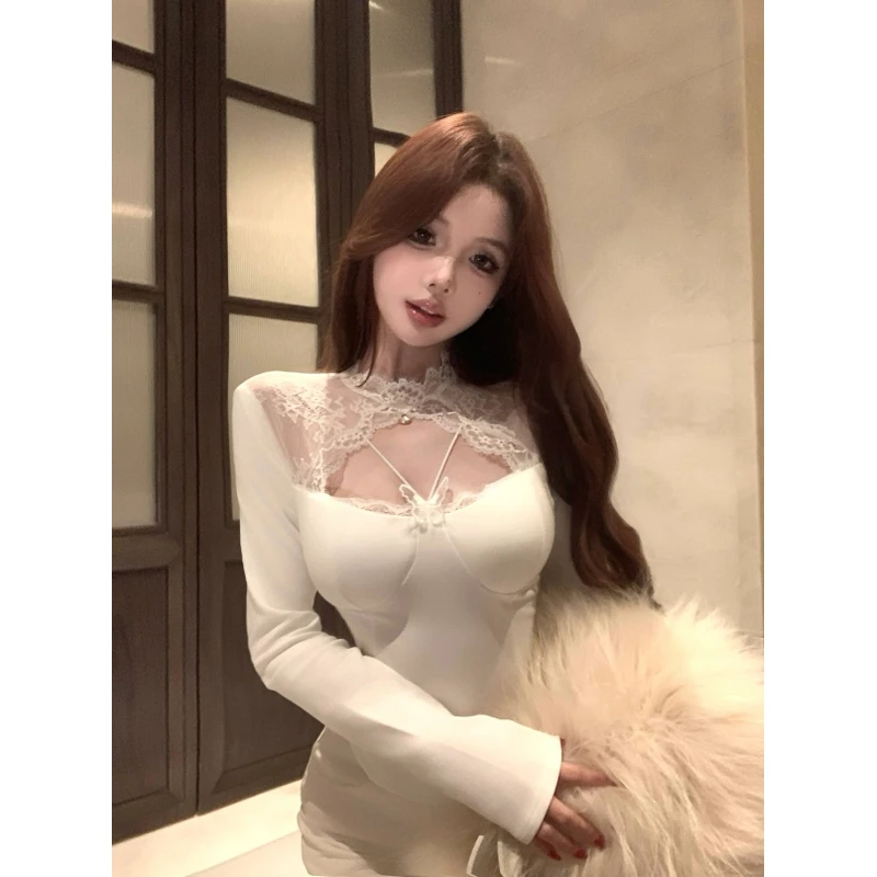 法式气质纯欲风性感修身蕾丝拼接镂空百搭长袖T恤打底衫上衣女冬