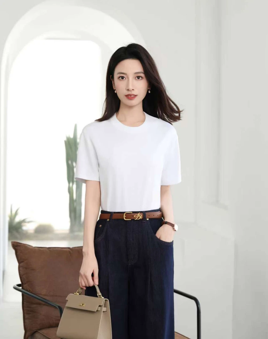 夏季女士短袖百搭圆领经典白色针织T恤纯色简约休闲情侣款0306