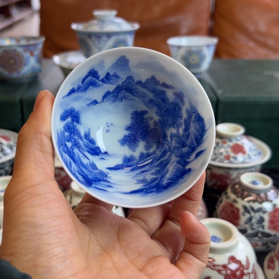 H柴窑山水内外葫芦杯