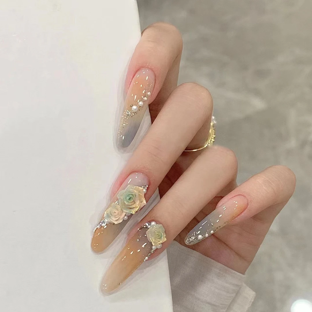 秋冬爆款中长款立体花轻奢显白爆闪仙气纯手工穿戴甲美甲指甲片